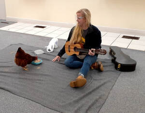 Miss Rachel sitting on the floor in the fellowship hall, on a gray blanket, holding her ukulele as her pet chicken eats some feed.